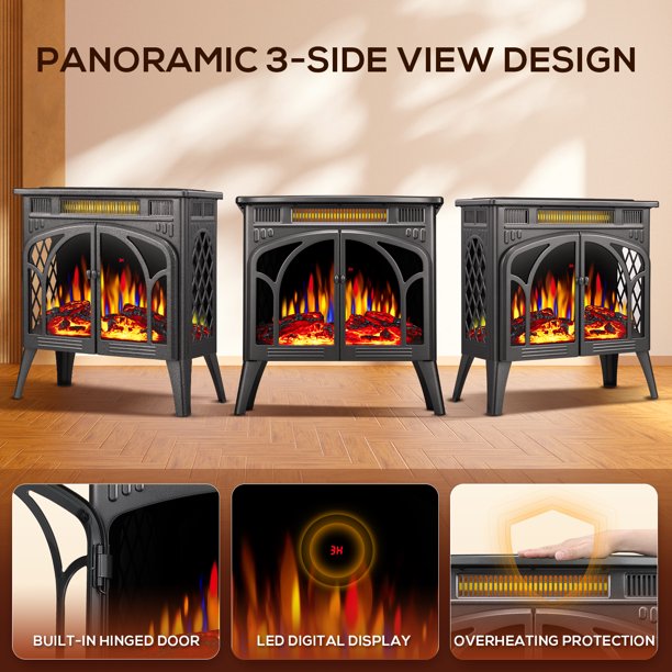 Auseo Electric Fireplace Heater 25’’ with 3D Realistic Flame Effect, Freestanding Fireplace with Remote Control, Timer, Different Flame Color,2 Heating Modes 500W/1500W
