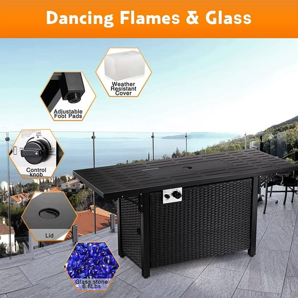Auseo 55in Propane Fire Pit Table - Foldable Wicker Design - Lava Rocks & Glass Wind Guard - 50000 BTU
