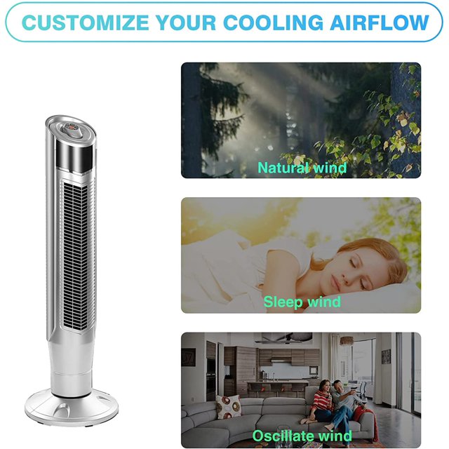 Auseo Tower Fan, Standing Fan Oscillating, Room Fan, Portable Bladeless, Quiet Floor Fan with Remote, 6 Speeds, 3 Modes, 24H Timer for Bedroom, and Home Office Use, (40-inch, SILVER)