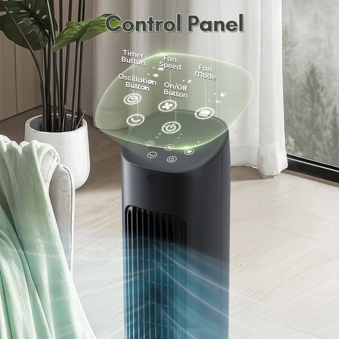 Auseo 30" Portable Tower Fan for Bedroom, 360° Oscillating Fans with 8 Speeds, 24H Timer, Normal/Natural/Sleep 3 Fan Modes, Freestanding Tower Fans, Black