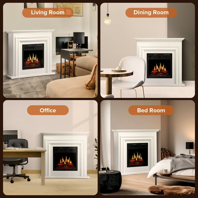 Auseo 36" Freestanding Electric Fireplace with Wood, White Mantel, Remote Control, For Rooms up to 400 Sq.Ft. Adjustable LED Flame & Heating Settings, -(White)