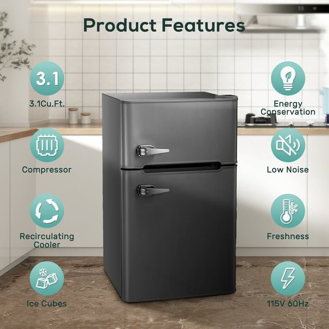 Auseo 3.2 Cu.Ft Double Door Mini Fridge with Freezer, Compact Retro Refrigerator for Dorm, Office, Bar, RV, Bedroom, Black
