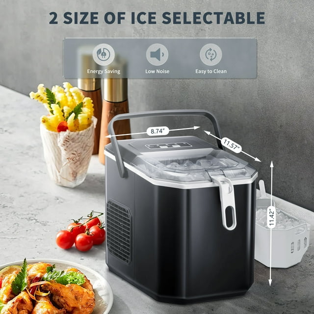 Auseo Ice Makers Countertop, Ice Machine with Handle, 26Lbs in 24Hrs, 9 Cubes Ready in 6 Mins, Self-Cleaning Portable Ice Maker, 2 Sizes of Bullet Ice Cubes for Home and Office-Black