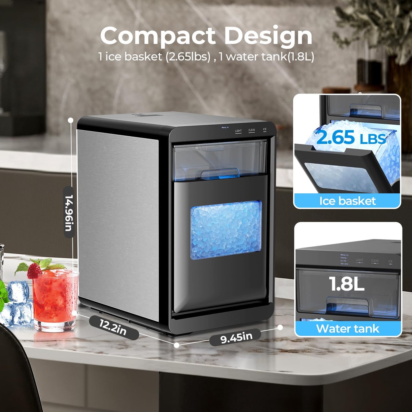 Auseo Nugget Ice Maker Countertop, 44lbs / 24H, Self-Cleaning Portable Ice Machine with LED Display, 10-15 Min Fastly Making for Home, Office, Bar