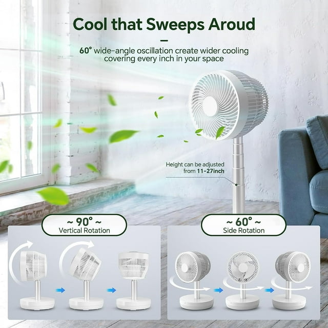 Auseo Pedestal portable Fan Oscillating, 2-in-1 Standing Fan with Remote Control, USB Rechargeable, 10 Speeds, 7.5H Timer, Quiet Stand Floor Fan for Dorm, Bedroom, Outdoor use(White)