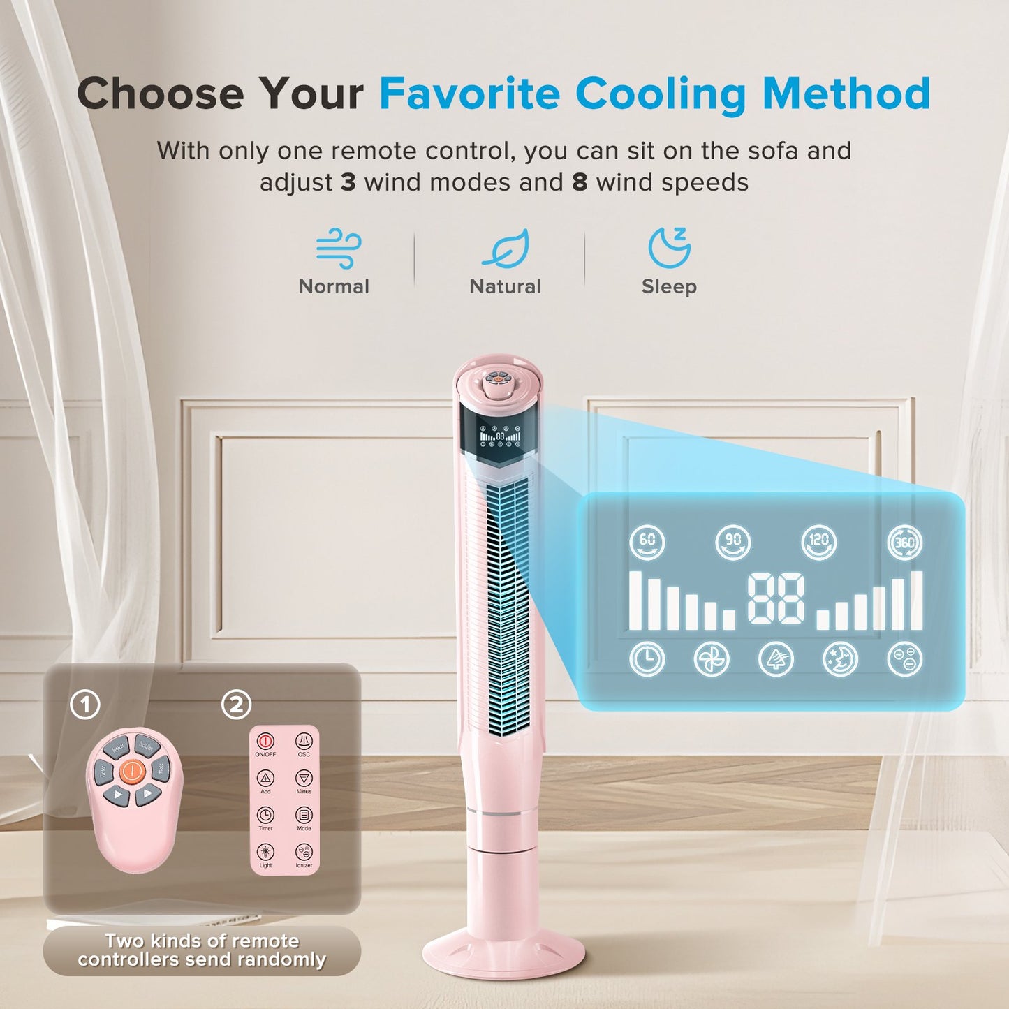 Auseo Tower Fan with Oscillation, Remote Control and LED Display, 3 Powerful Wind Modes, up to 24 H Timer Bladeless Standing Fan, Portable Fan for Children, Home, Dormitory or Office-Pink