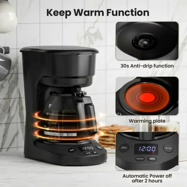 Auseo 5 Cup Coffee Maker, Coffee Machine with Programmable, 2-Hour Auto Shut-Off, Keep Warm Function for Home/Office/Coffee, Black