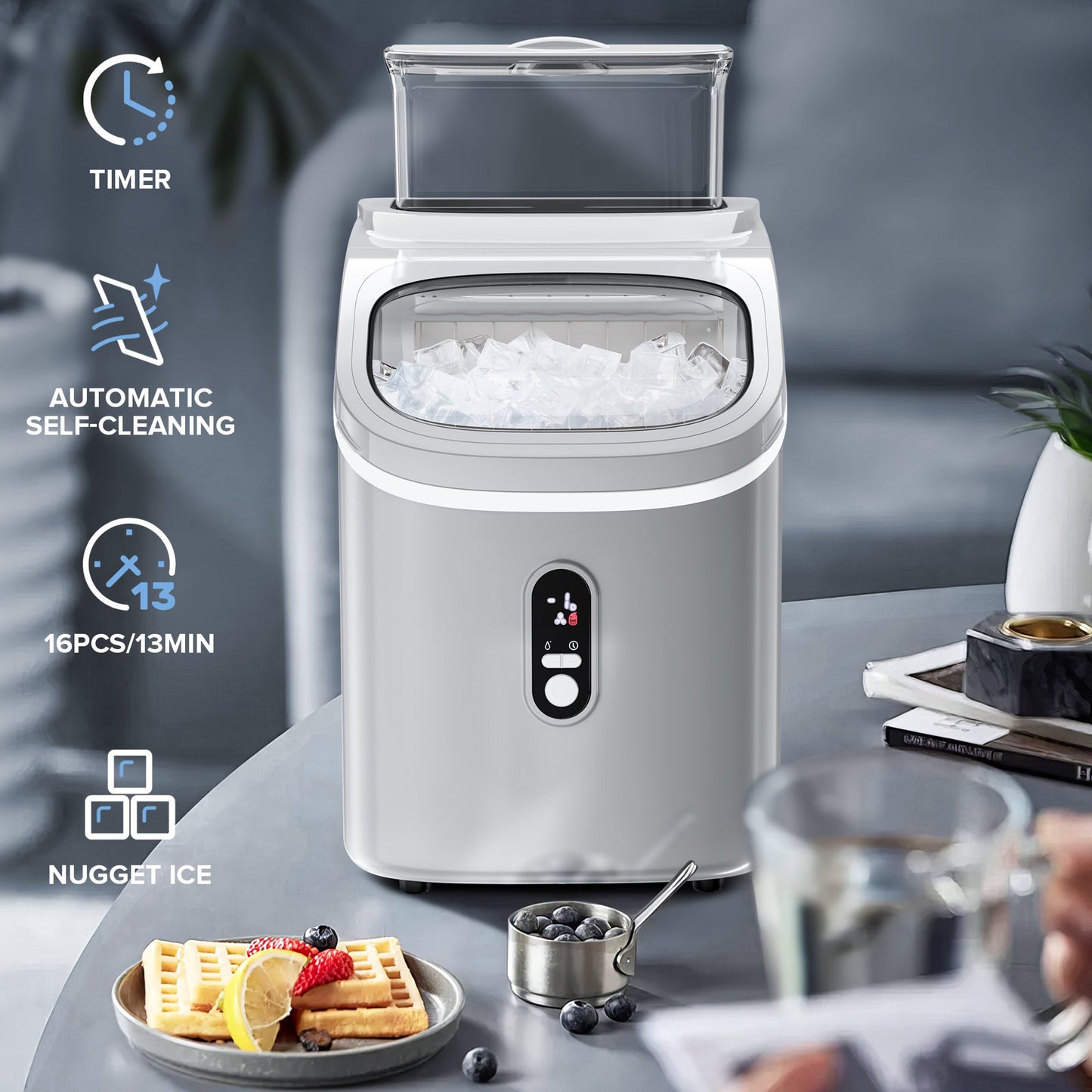 Auseo Nugget Ice Maker Countertop , Self-Cleaning Function, for Party/Kitchen/Office, GREY