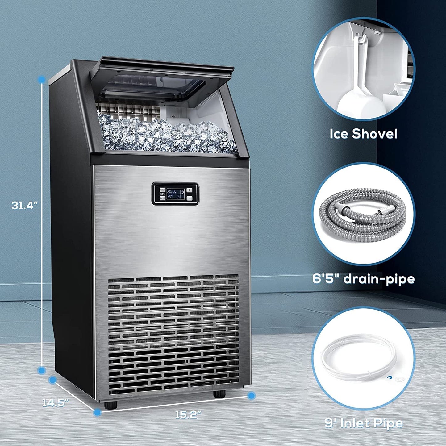 100Lbs/24H Commercial Ice Maker, 45 Cubes in 11 Mins, Stainless Steel, Auto Clean, Under Counter for Home/Bar Use, Auseo