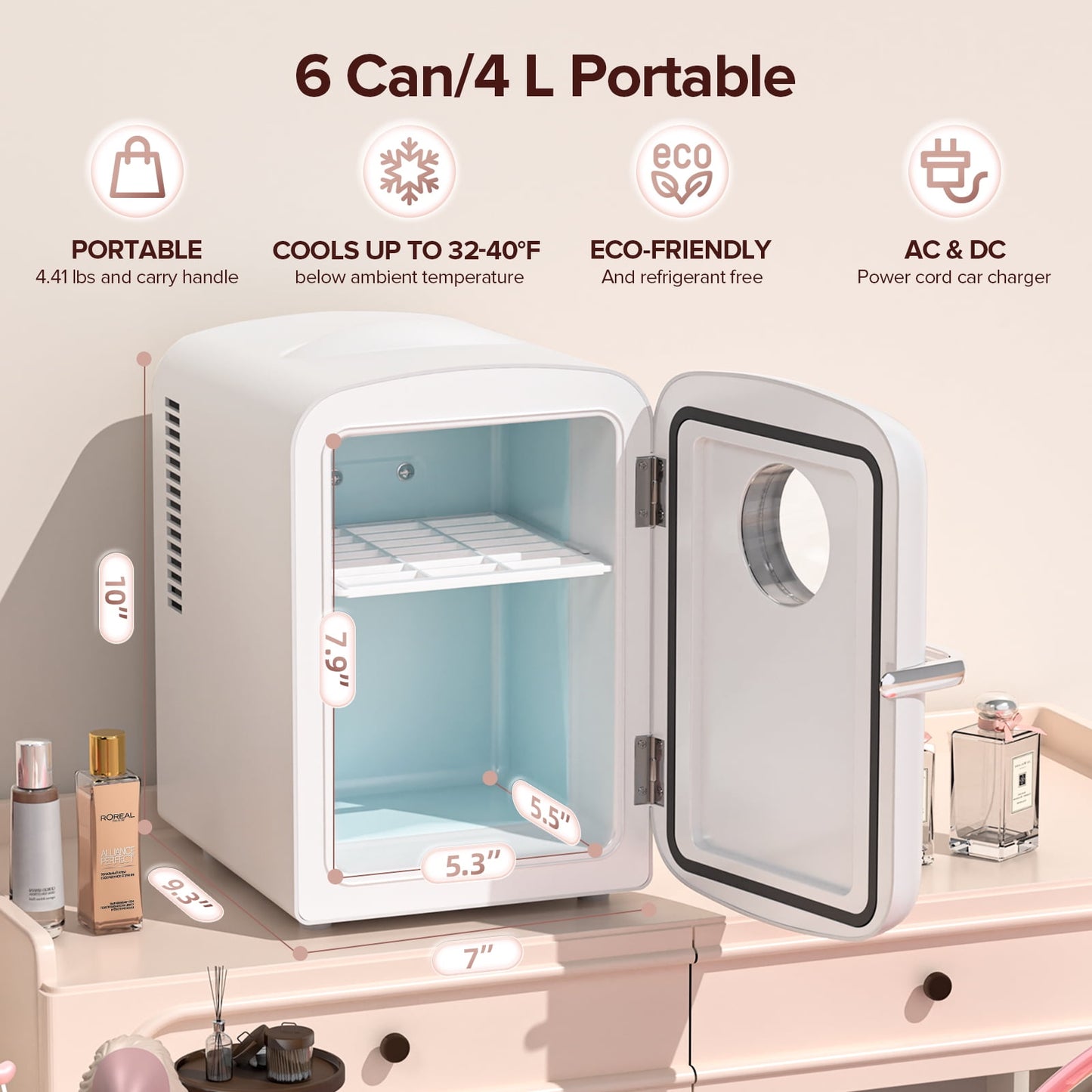 Auseo Mini Fridge, Portable Fridge Personal, 4 Liter/6 Cans Countertop, 120V AC/ 12V DC, Cooler and Warmer for Drink Office Dorm Bedroom Car, White