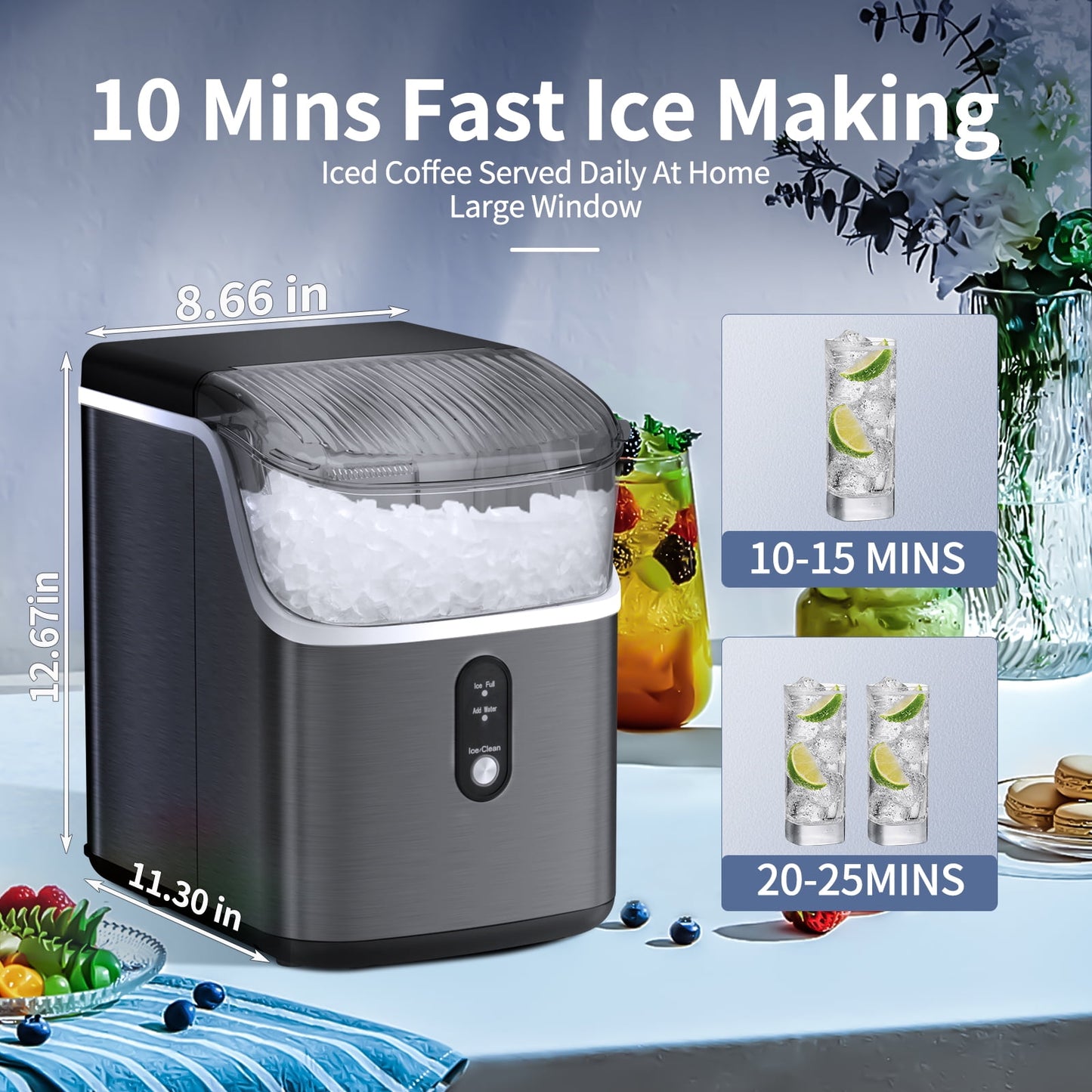 Auseo Nugget Ice Maker Countertop, Portable Ice Maker Machine with Self-Cleaning Function, 35lbs/24H, Easy Operation, Pellet Ice Maker for Home/Kitchen/Office/Party-Black
