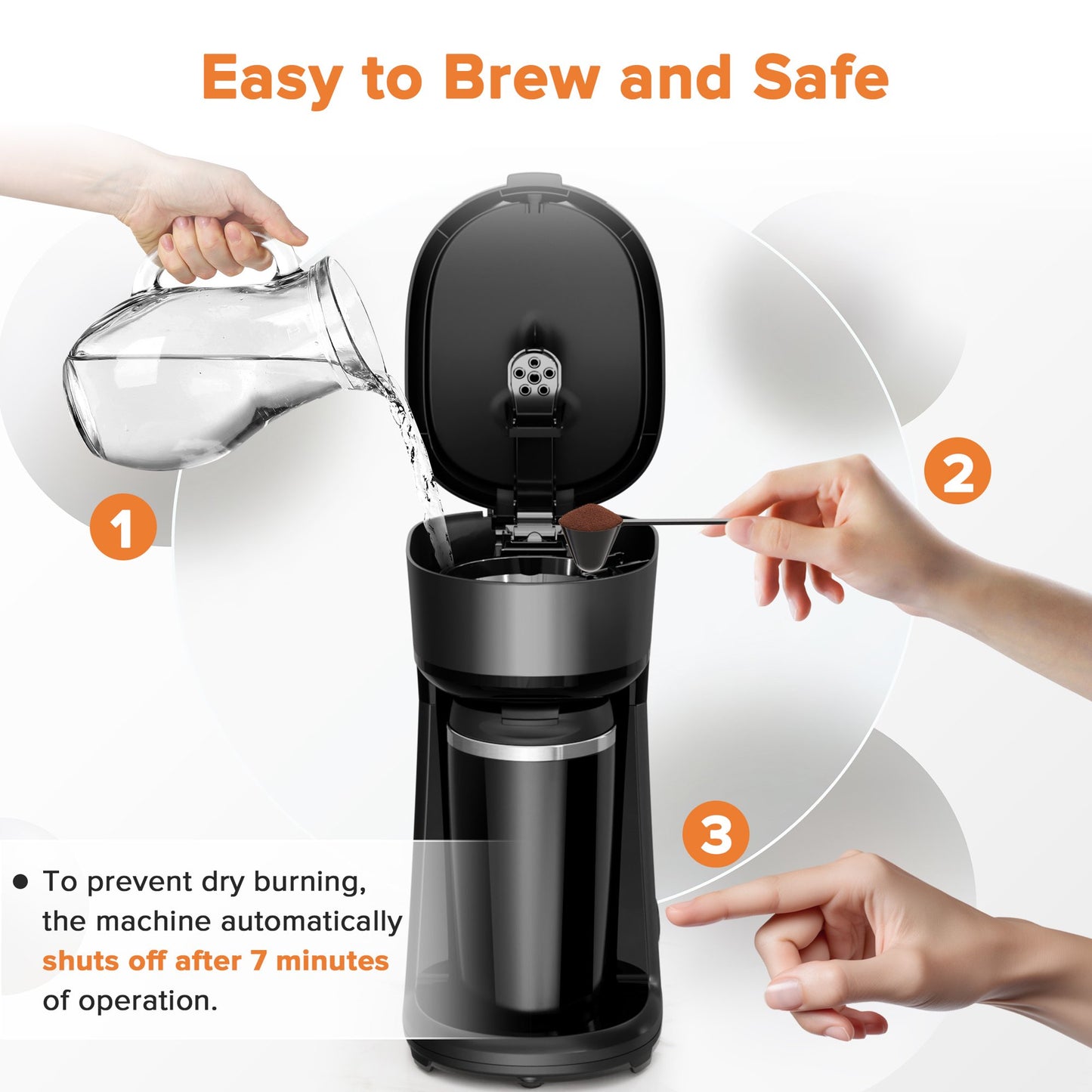 Auseo Mini Single Serve Coffee Maker Personal, 14Oz. Thermal Travel Mug with Stainless Steel Interior, Compatible with Coffee Grounds(Not Compatible with K-Cups), Reusable Filter, Black