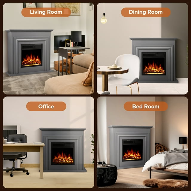 Auseo Electric Fireplace Mantel Wooden Surround Firebox, Free Standing Fireplace, with Remote Control, Adjustable LED Flame, 750W/1500W -(Grey)