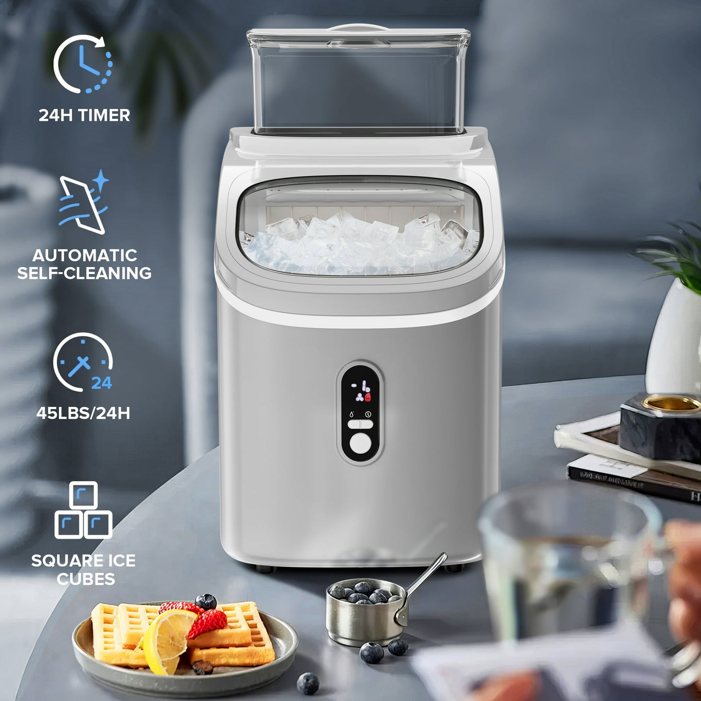 Auseo 45lbs/24H Ice Maker Countertop, 1.5+0.5L Large Water Tank, Cube Ice, Self-Cleaning, 24H Timer, Customizable Ice Making Time, Grey