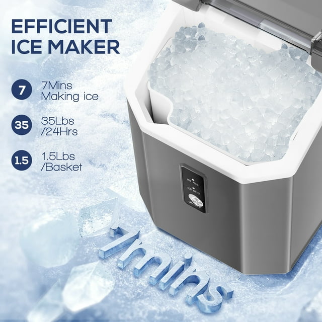 Auseo Nugget Ice Maker Countertop with Soft Chewable Pellet Ice, Portable Ice Machine with Handle, 34lbs/24H, for Kitchen/Office/Party (Grey)