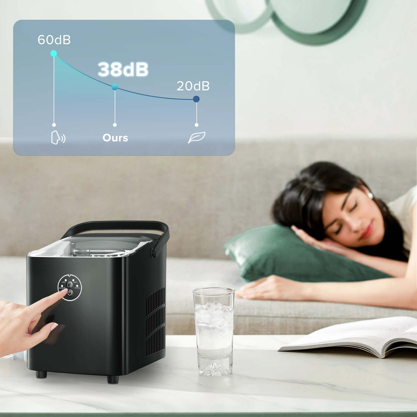 Auseo Bullet Ice Maker Machine, Ice Maker Countertop with Handle, 26lbs/24H, 2 Sizes S/L, 8 Pcs/9 Mins, Self-Cleaning, for Home/Office/Party, Black
