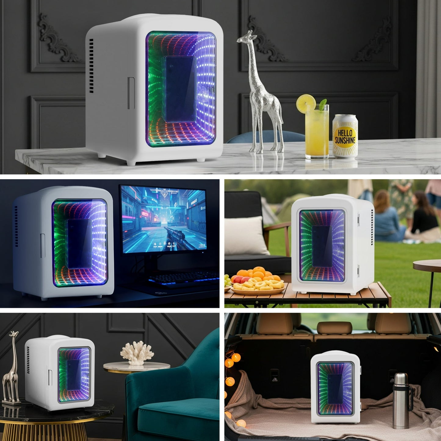 Auseo 4L Mini Fridge Personal with LED, Portable Cooler & Warmer for Bedroom, Office, Car, Small Refrigerator for Skincare, Drinks & Gaming Room, AC/DC Powered, White