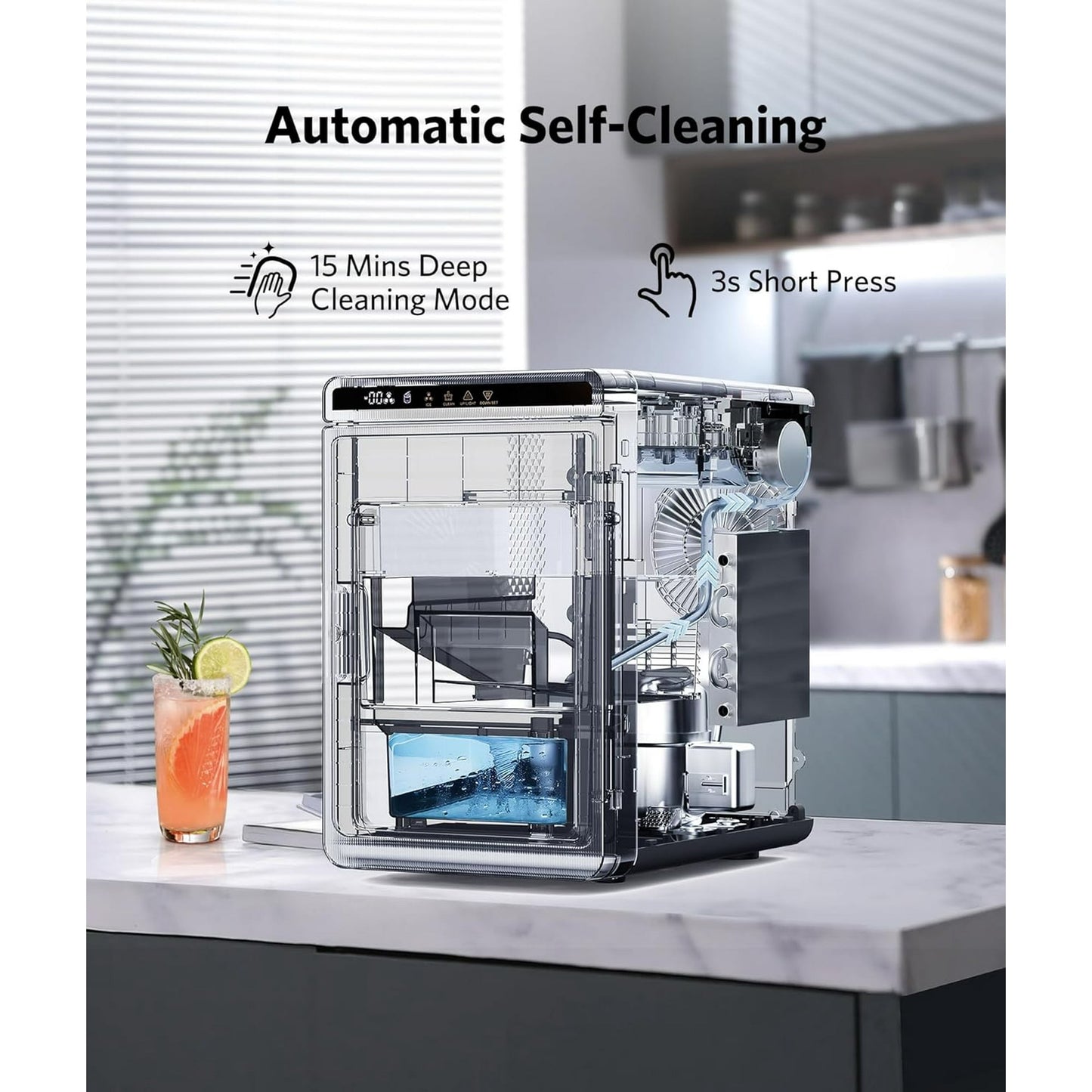 Auseo Clear Cubic Ice Makers,9 Crystal Clear 1.6" Ice Cubes per Hour,Quiet Countertop Ice Maker with Self-Cleaning,for Cocktails, Whiskey,24h Timer,ETL Listed
