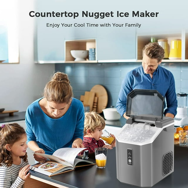 Auseo Nugget Ice Maker Countertop with Soft Chewable Pellet Ice, Portable Ice Machine with Handle, 34lbs/24H, for Kitchen/Office/Party (Grey)