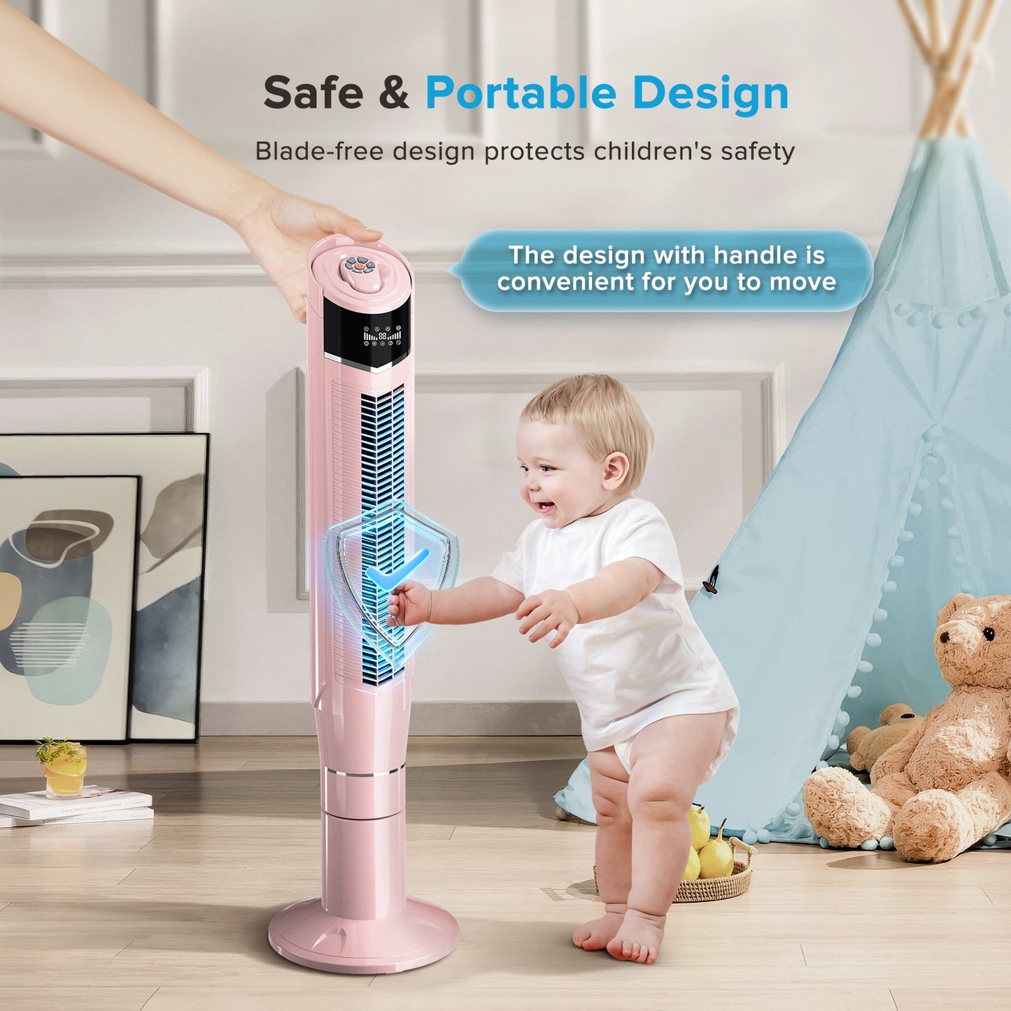 Auseo Tower Fan with Oscillation, Remote Control and LED Display, 3 Powerful Wind Modes, up to 24 H Timer Bladeless Standing Fan, Portable Fan for Children, Home, Dormitory or Office-Pink