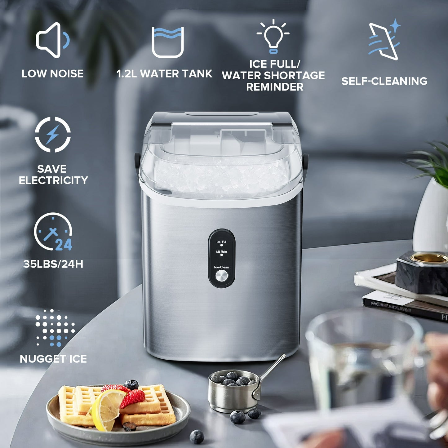 Auseo Nugget Ice Maker Countertop, 35Lbs/24H with Self-Cleaning, 6 Min/Round, for Home/Office/Bar, Stainless Steel-Silver