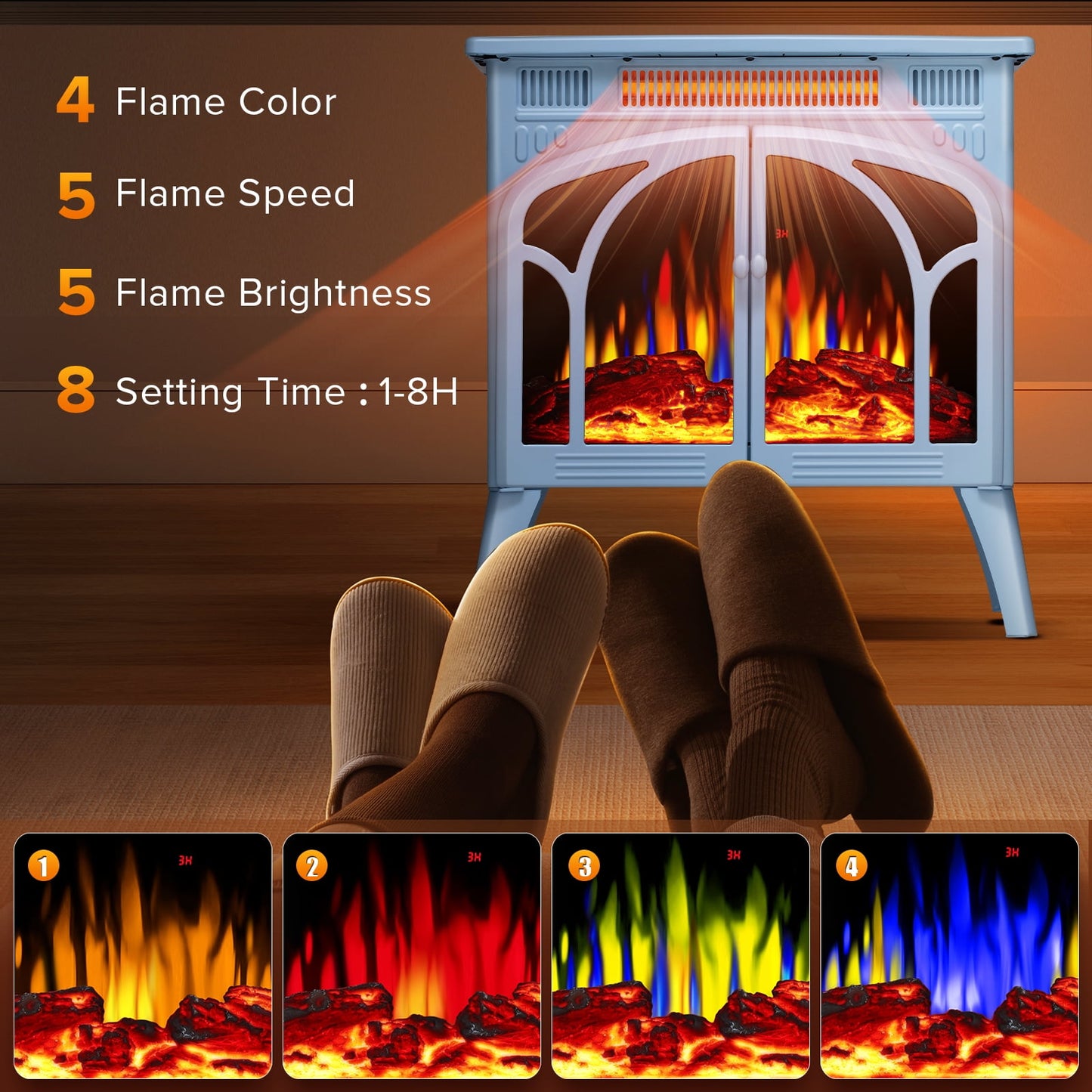 Auseo Electric Fireplace Heater 25’’ with 3D Realistic Flame Effect, Freestanding Fireplace with Remote Control, Timer, Different Flame Color,2 Heating Modes 500W/1500W, Blue