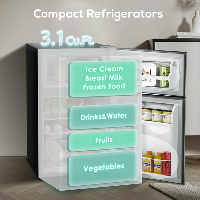 Auseo 3.2 Cu.Ft Double Door Mini Fridge with Freezer, Compact Retro Refrigerator for Dorm, Office, Bar, RV, Bedroom, Black