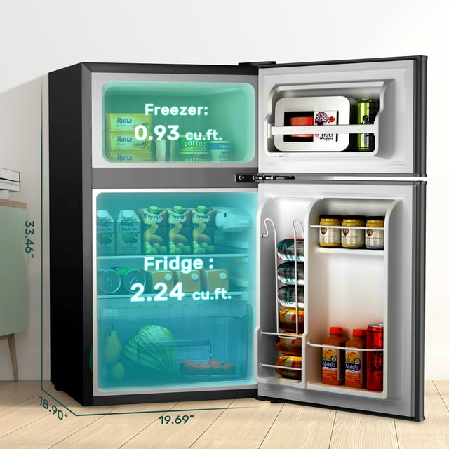 Auseo 3.2 Cu.Ft Double Door Mini Fridge with Freezer, Compact Retro Refrigerator for Dorm, Office, Bar, RV, Bedroom, Black
