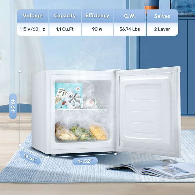 Auseo Mini Freezer Countertop, Energy Saving 1.1 Cu.ft, Single Door Compact Upright Freezer with Reversible Door for Home/Office/Kitchen-White