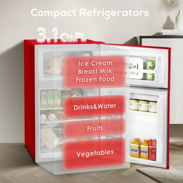 Auseo Mini Fridge 3.1Cu.ft 115 Volt 60 Hz AC Low Noise Adjustable Temperature Suitable for Kitchen Living Room Office and Dormitory Red