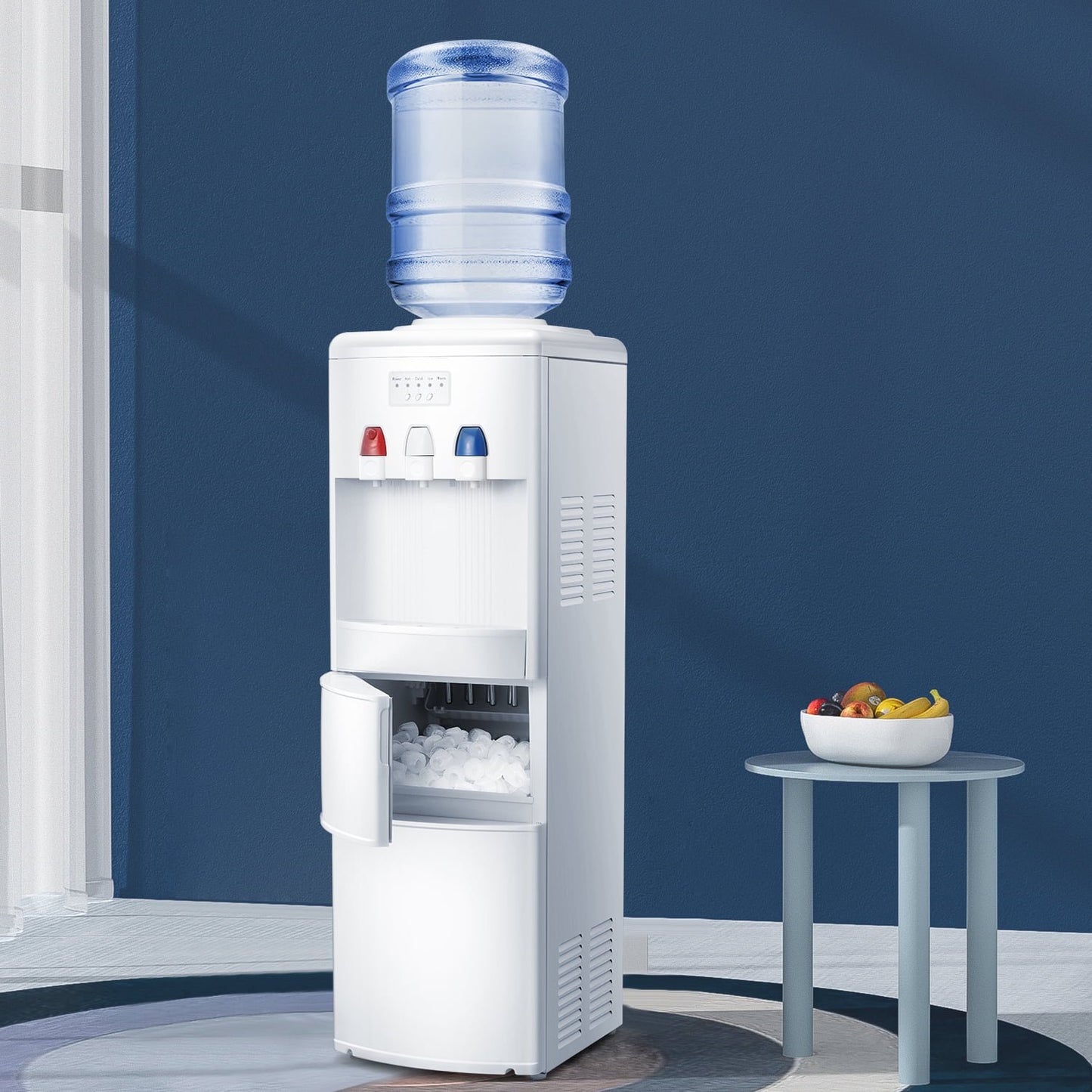Auseo 5 Gallon Water Cooler Dispenser with Built-in Ice Maker, Top Loading Water Dispenser 3 in 1 Hot/Cold/Room Temperature, Child Lock, White