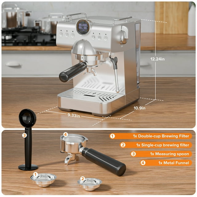 Auseo Pro Espresso Machine with Cold Brew & Milk Frother, 20-Bar Pressure Coffee Maker, Smart LED Display & Compact Stainless Steel Design for Lattes/Cappuccinos