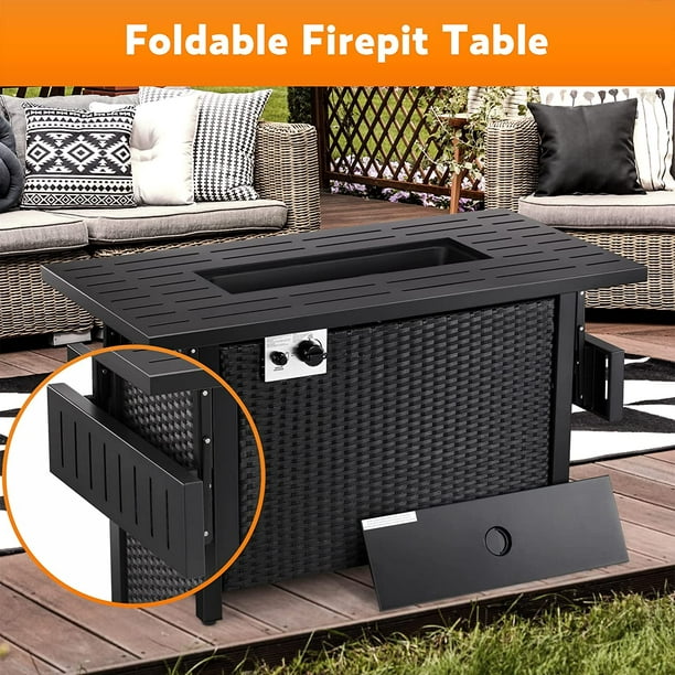 Auseo 55in Propane Fire Pit Table - Foldable Wicker Design - Lava Rocks & Glass Wind Guard - 50000 BTU