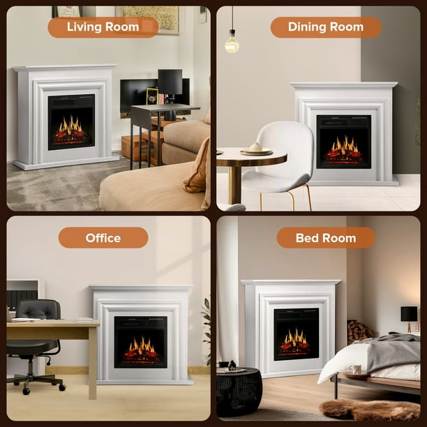 Auseo Electric Fireplace Mantel Wooden Surround Firebox, Free Standing Fireplace, with Remote Control, Adjustable LED Flame, 750W/1500W -(Pearlwhite)