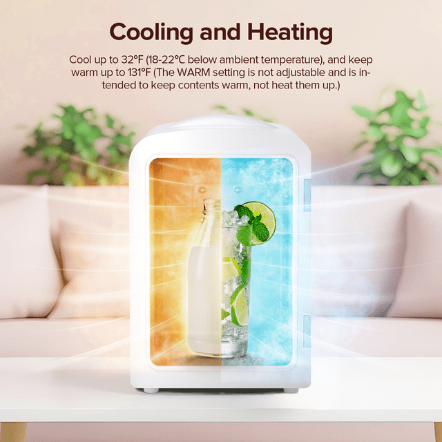 Auseo Mini Fridge Cooler Personal, Countertop, Portable 4L/6 Can Electric Plug In Cooler & Warmer for Food, Drinks, Skincare Beauty & Makeup, Stainless Steel, 12V AC/DC, Elegant White