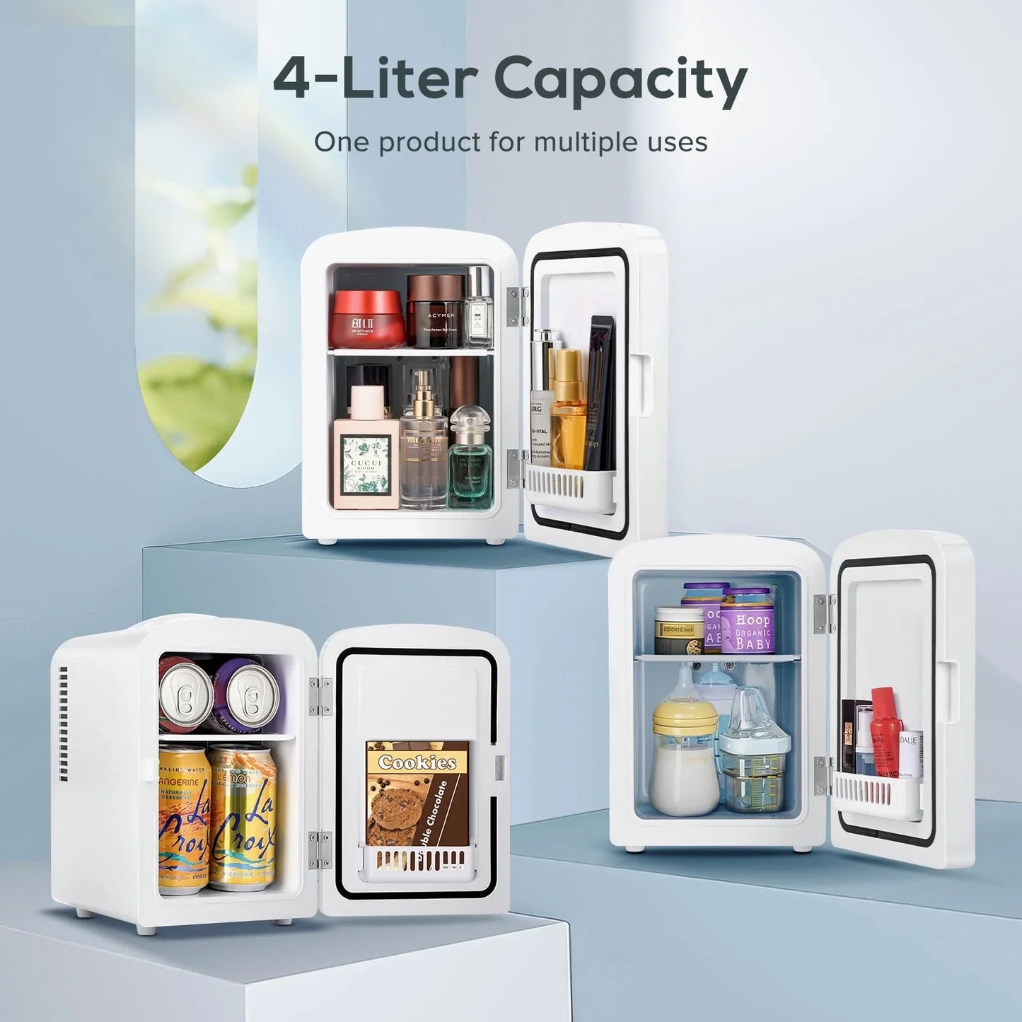 Auseo Mini Personal Fridge Cooler, LED Lighted Mirror, 4L Capacity Portable, Makeup and Skincare - AC/DC Refrigerator, Car, Office Desk & Dorm - Chills 6 Cans, White