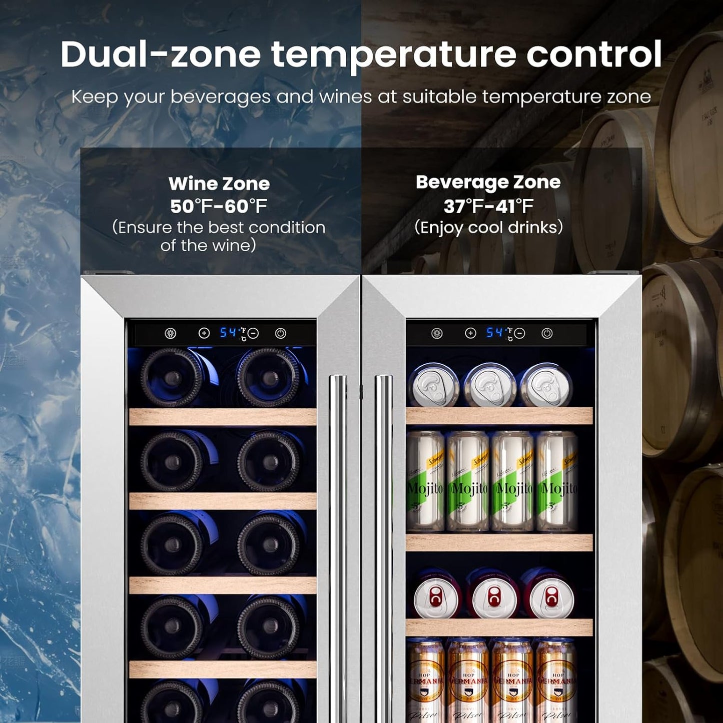 Auseo 24" Wine Cooler, 20 Bottle and 88 Cans Dual Zone Beverage Refrigerator with Glass Door, Built-in or Freestanding Wine/Beer/Beverage Fridge with Blue LED Light