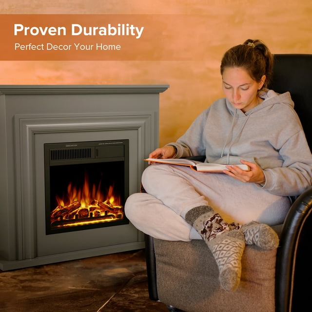Auseo Electric Fireplace Mantel Wooden Surround Firebox, Free Standing Fireplace, with Remote Control, Adjustable LED Flame, 750W/1500W -(Grey)