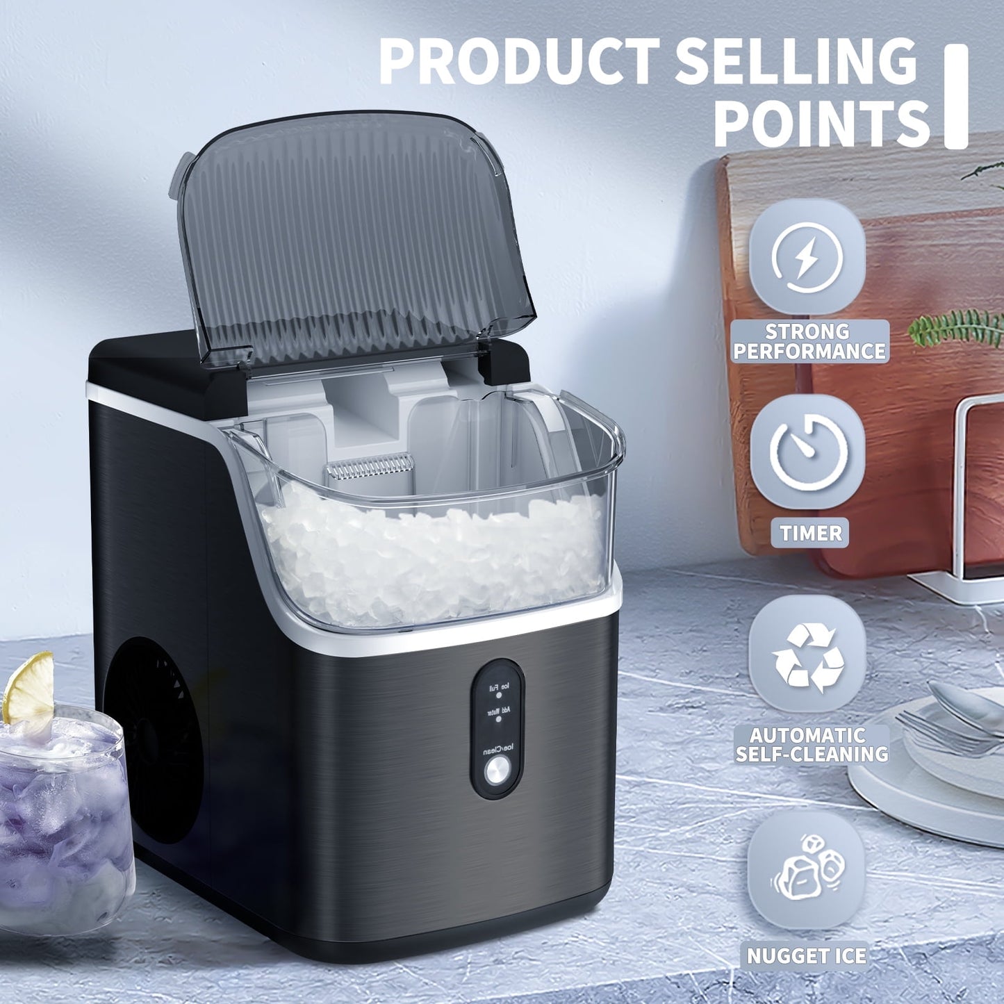 Auseo Nugget Ice Maker, 35lbs/24H with Self-Cleaning Function, Portable Sonic Ice Machine for Home/Office, Stainless Steel Black