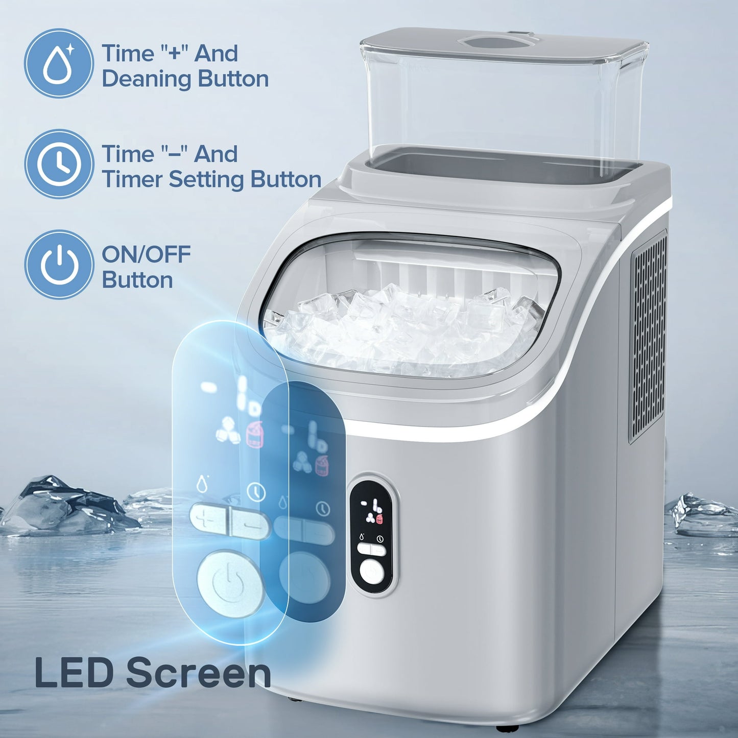 Auseo 45lbs/24H Ice Maker Countertop, 1.5+0.5L Large Water Tank, Cube Ice, Self-Cleaning, 24H Timer, Customizable Ice Making Time, Grey