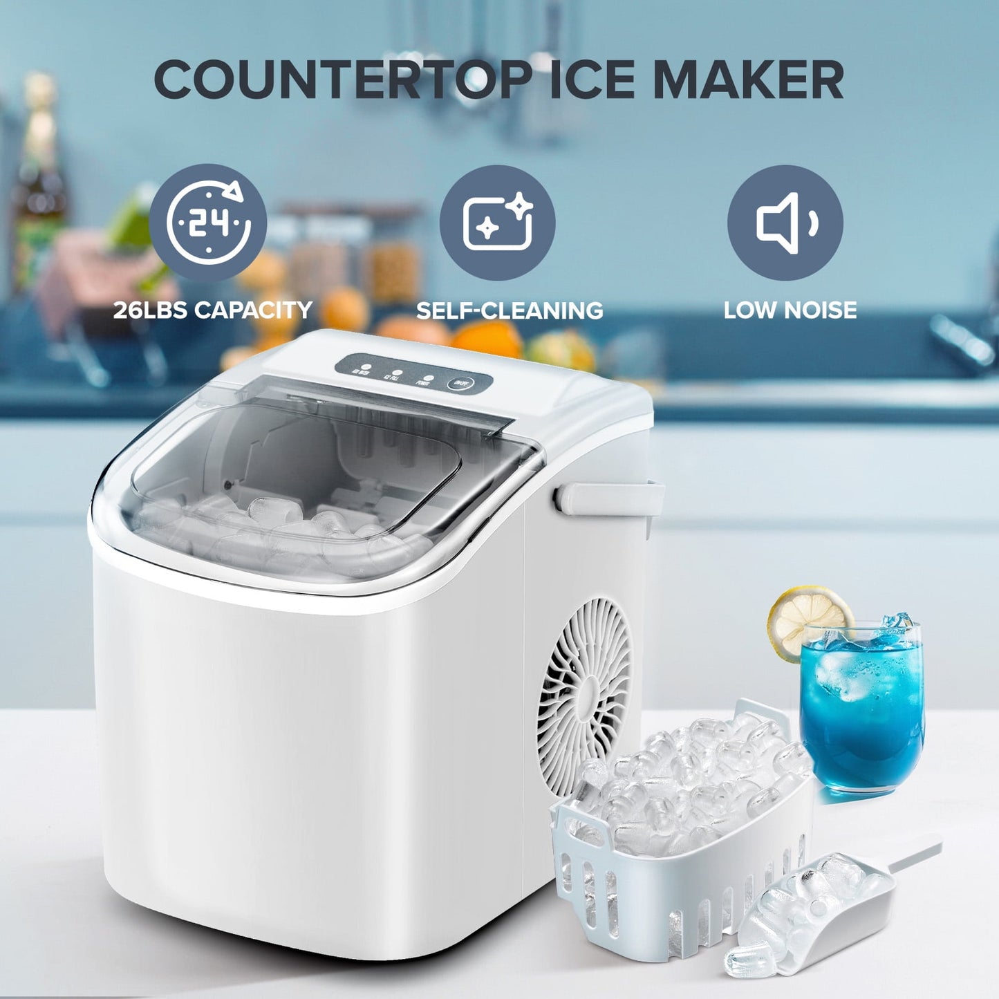 Auseo 26 lbs/24H Countertop Ice Maker Machine, 9 Bullet-Shaped Ice in 6 Min, Auto-Cleaning, White