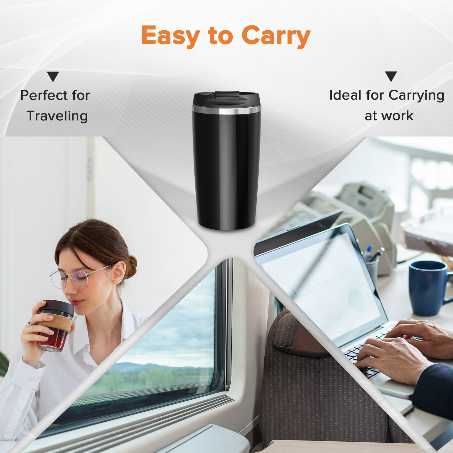 Auseo Mini Single Serve Coffee Maker Personal, 14Oz. Thermal Travel Mug with Stainless Steel Interior, Compatible with Coffee Grounds(Not Compatible with K-Cups), Reusable Filter, Black