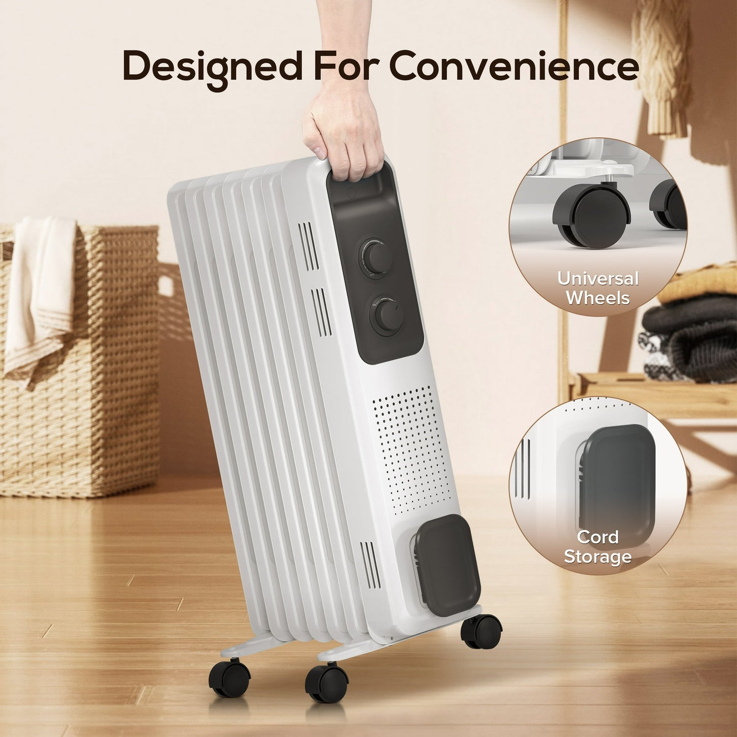 Auseo 1200W Electric Oil Filled Radiator Space Heater, Temperature Regulation, Safety Protection, Cord Storage, White