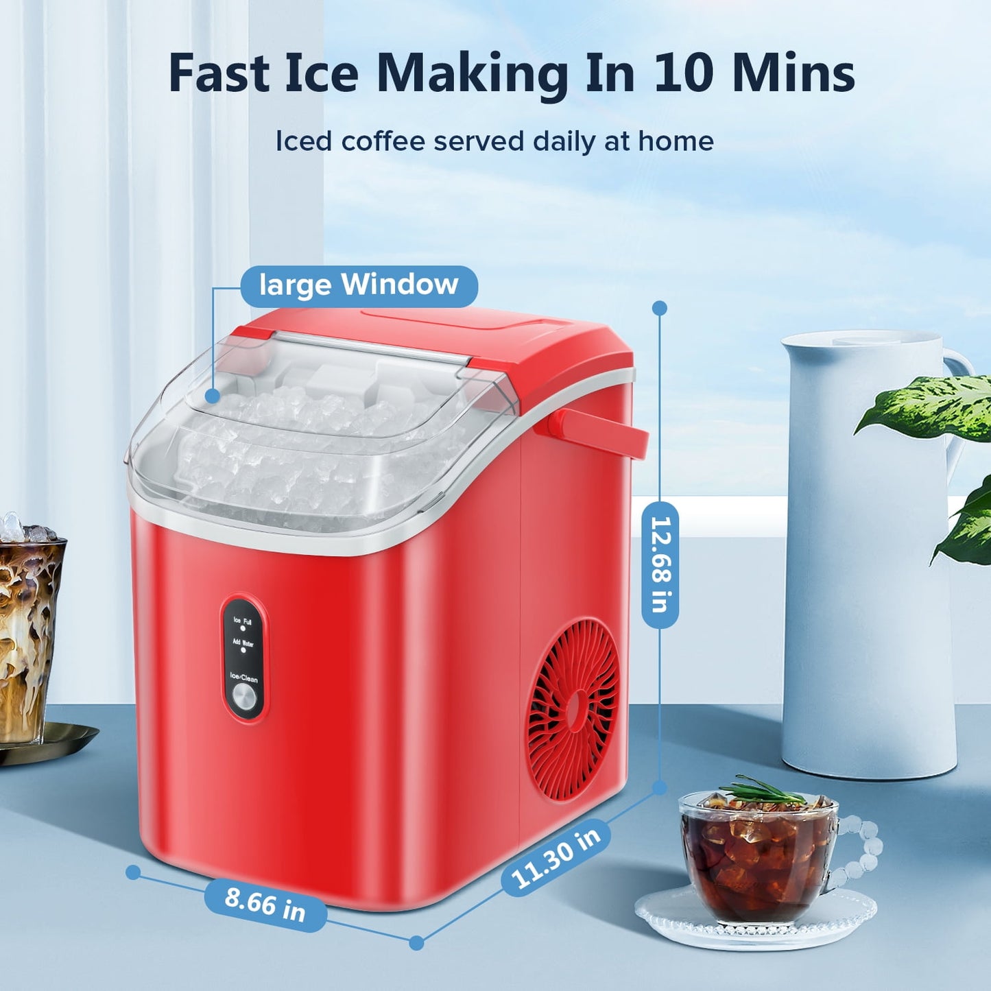 Auseo Nugget Ice Maker Countertop with Soft Chewable Pellet Ice, 35lbs/24H, Self-Cleaning, Sonic Ice Machine for Kitchen/Office/Party-RED