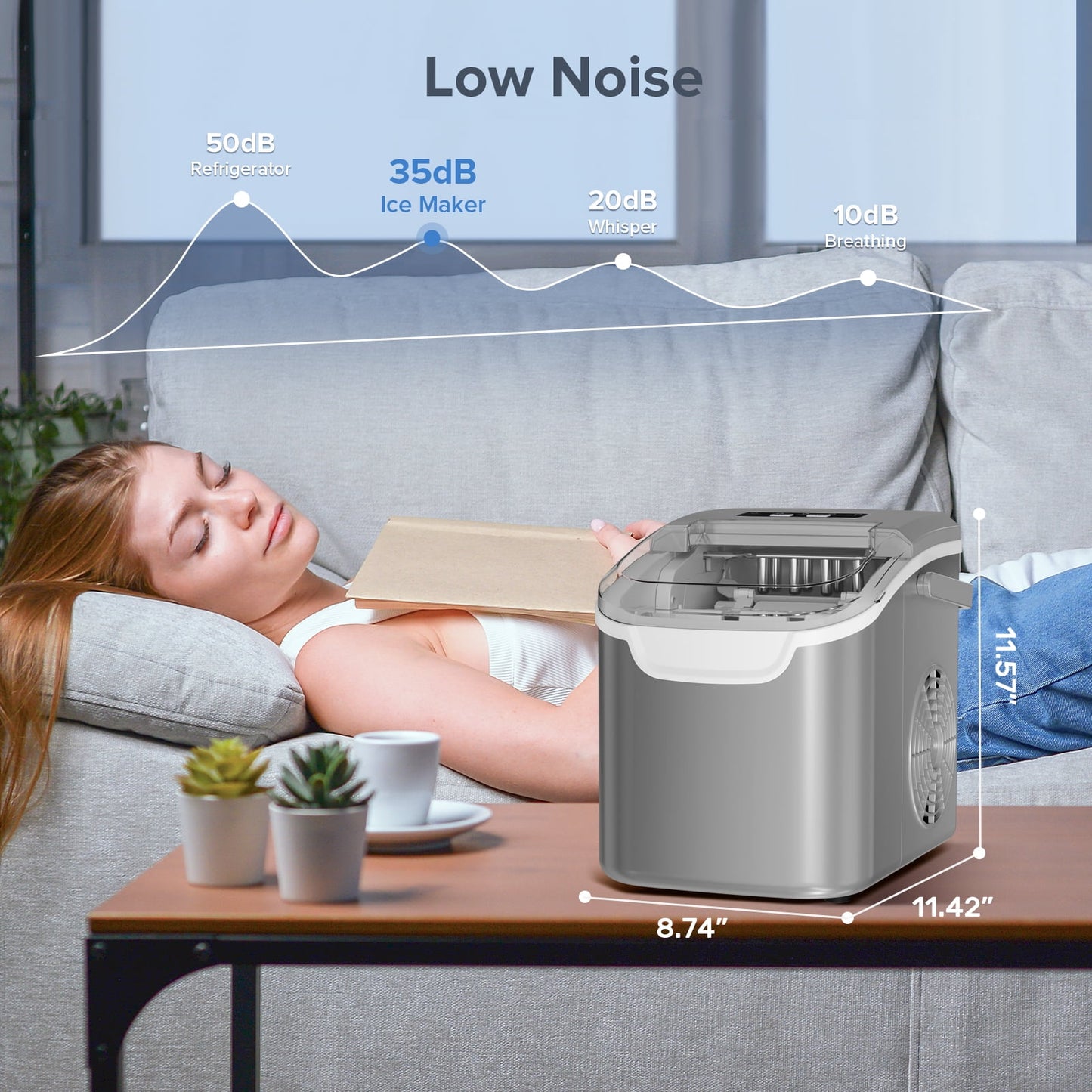 Auseo Portable Ice Maker Countertop, 8 Cubes Ready in 6 Mins, 2 Sizes of Bullet Ice Cubes, 26lbs in 24Hrs, Self-Cleaning Ice Machine with Handle, for Kitchen/Office/Bar/Party-Grey