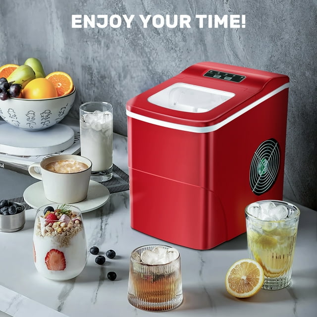 Auseo Ice Makers Countertop, Ice Machine with Handle, 26lbs/24H, 9 Cubes Ready in 6 Mins, Self-Cleaning Portable Ice Maker, for Party/Home/Office - (Red)