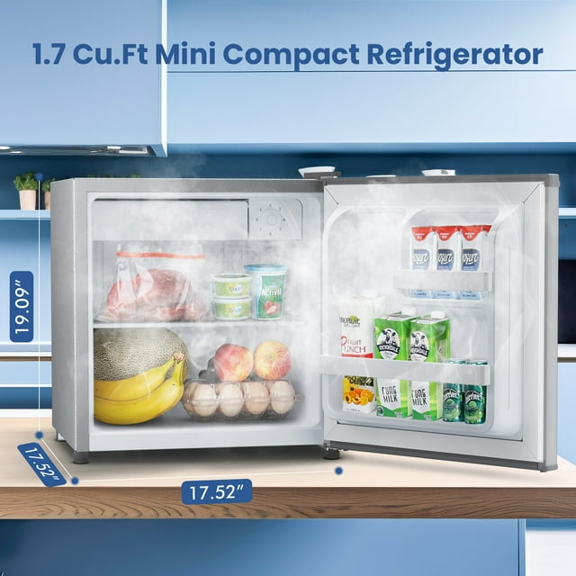 Auseo 1.7 cu.ft. Compact Refrigerator Mini Fridge, Retro Style, Low Noise & Energy Saving, Adjustable Temperature, for Kitchen/Office/Apartment/Dormitory-Silve