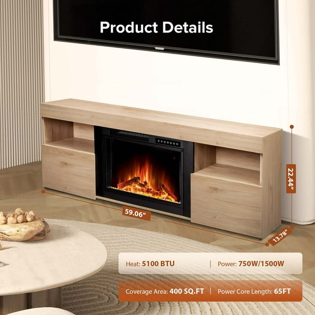 Auseo 60'' Electric Fireplace Mantel,Remote Control, Adjustable LED Flame, Free Standing Fireplace(PECAN)