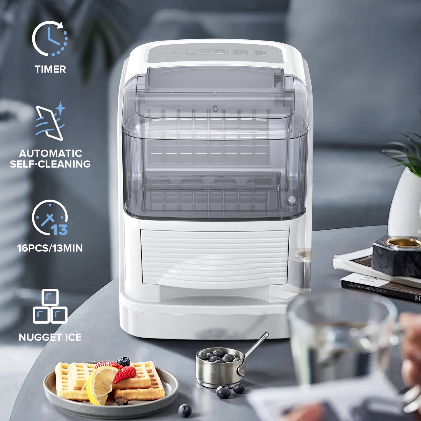 Auseo Ice Makers Countertop, 33lbs/24H, w/Ice Basket, 2 Sizes of Nugget,Sliver