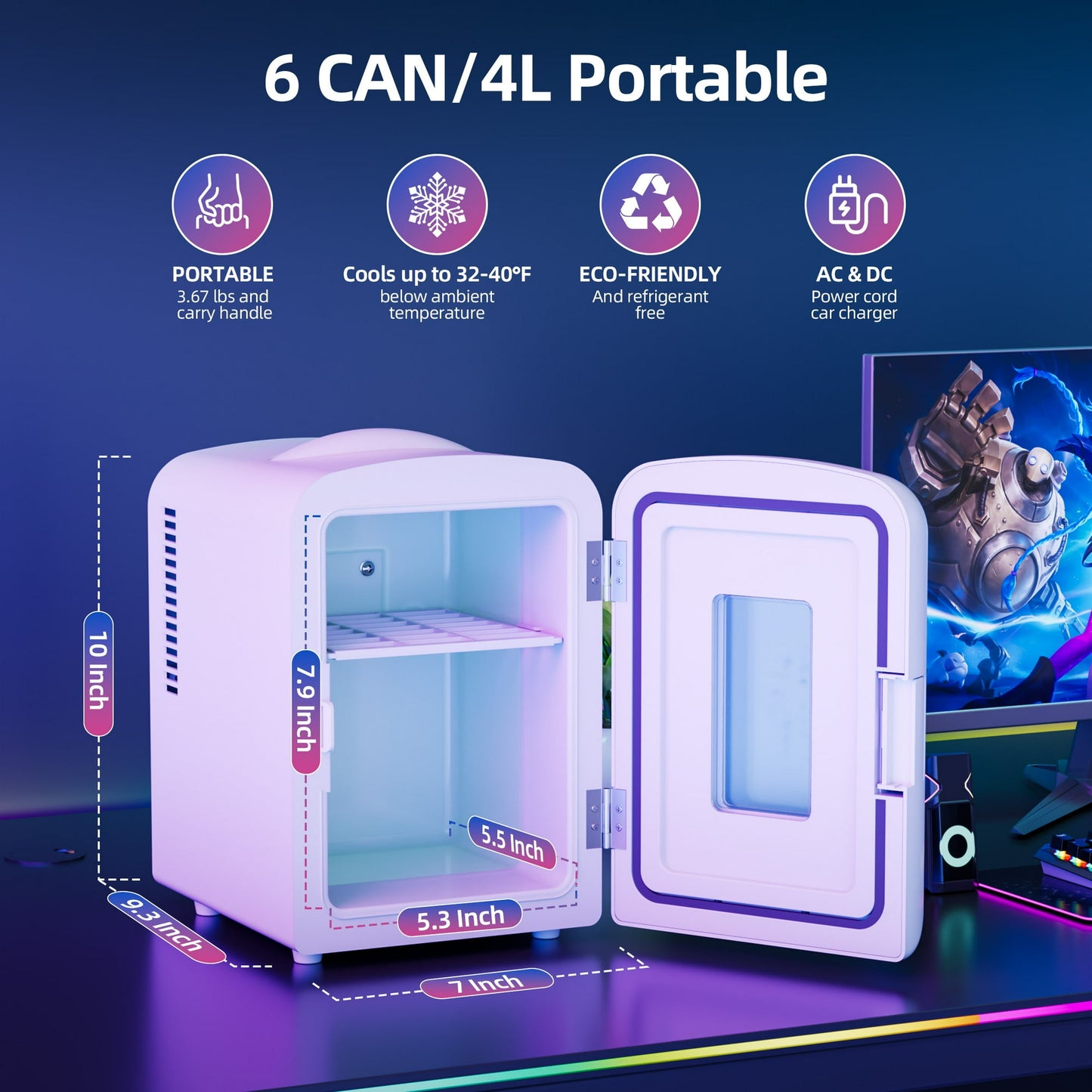 Auseo 4L Mini Fridge Personal with LED, Portable Cooler & Warmer for Bedroom, Office, Car, Small Refrigerator for Skincare, Drinks & Gaming Room, AC/DC Powered, White